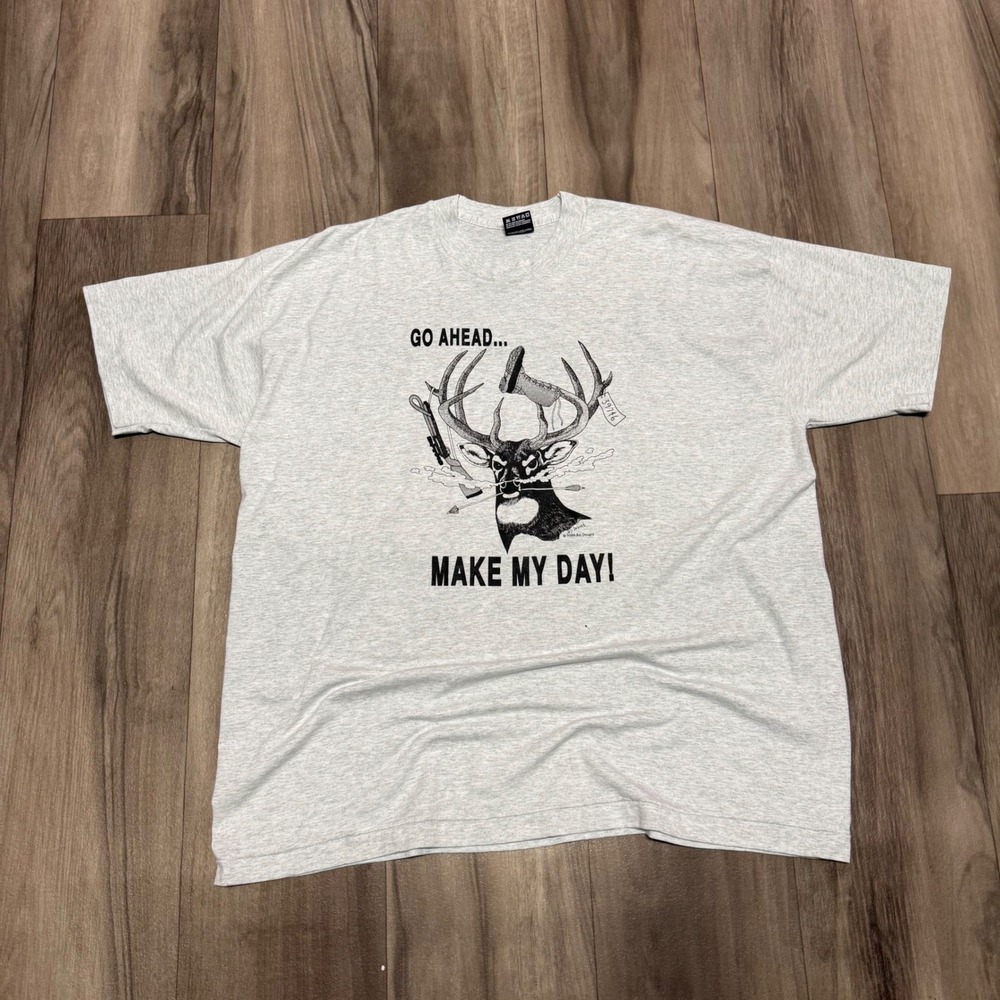 Vintage North Bay Designs Deer Make My Day Graphic T-Shirt XXL Grey USA Made